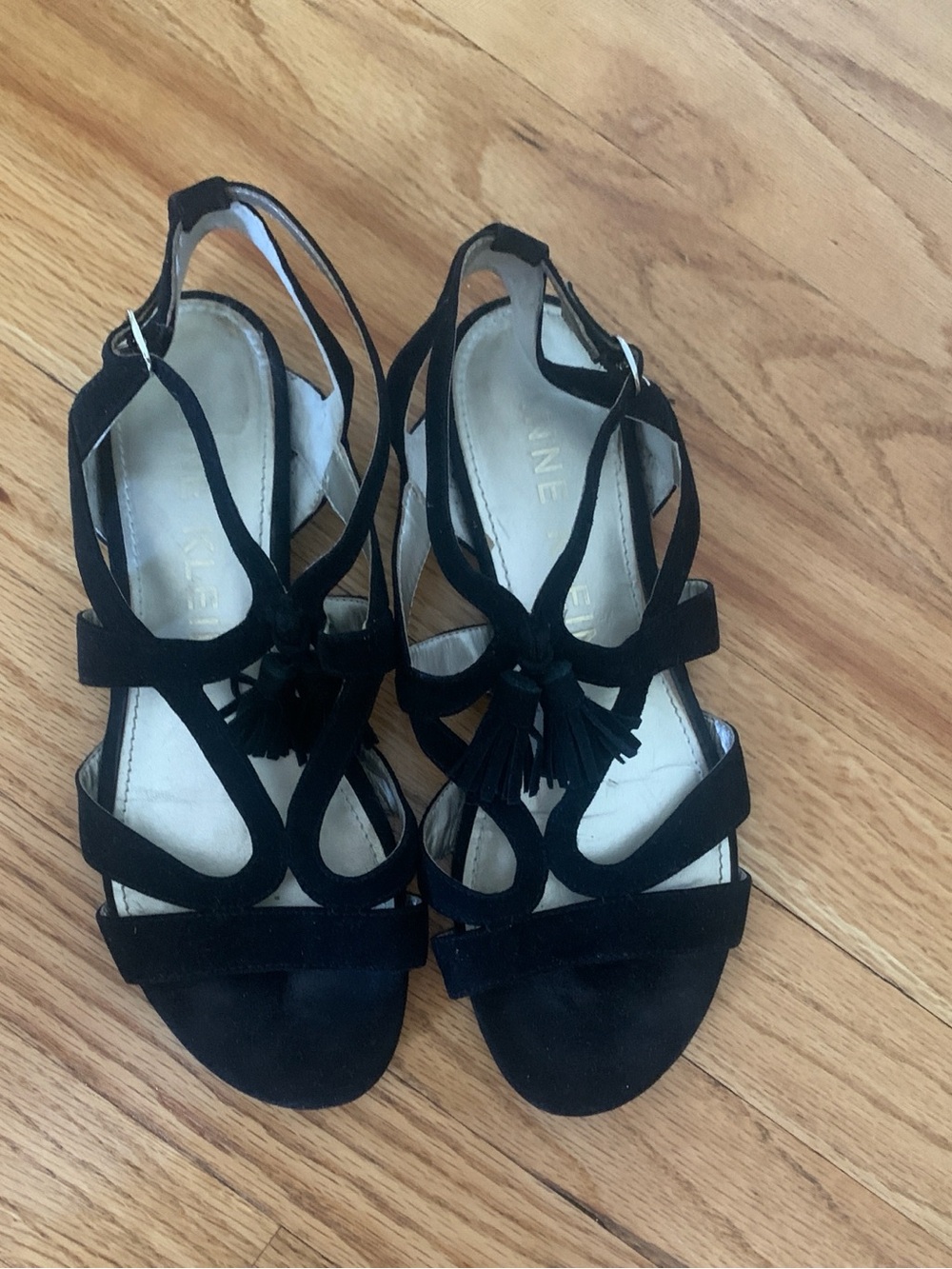 Anne Klein Women’s Black Suede Strappy Tassel Sandals, size 7 1/2
